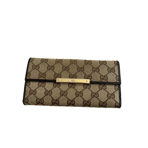 GUCCI Brown Leather Canvas Logo Long Wallet - Picture 2 of 10